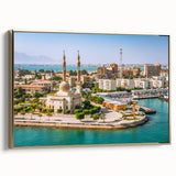 Framed canvas landscape art of Egyptian scenery in gold, black, and colorful tones, ideal for living room decor.