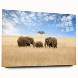 Large abstract wall art of African scenery in muted earth tones on acrylic glass, ideal for bedroom or dining room decor.