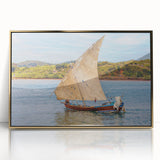 Mid-century modernist art depicting a serene Madagascar landscape in muted earth tones on a framed acrylic.