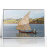 Large art print of a Madagascar landscape in mid-century modernist style, acrylic framed, with muted earth tones.