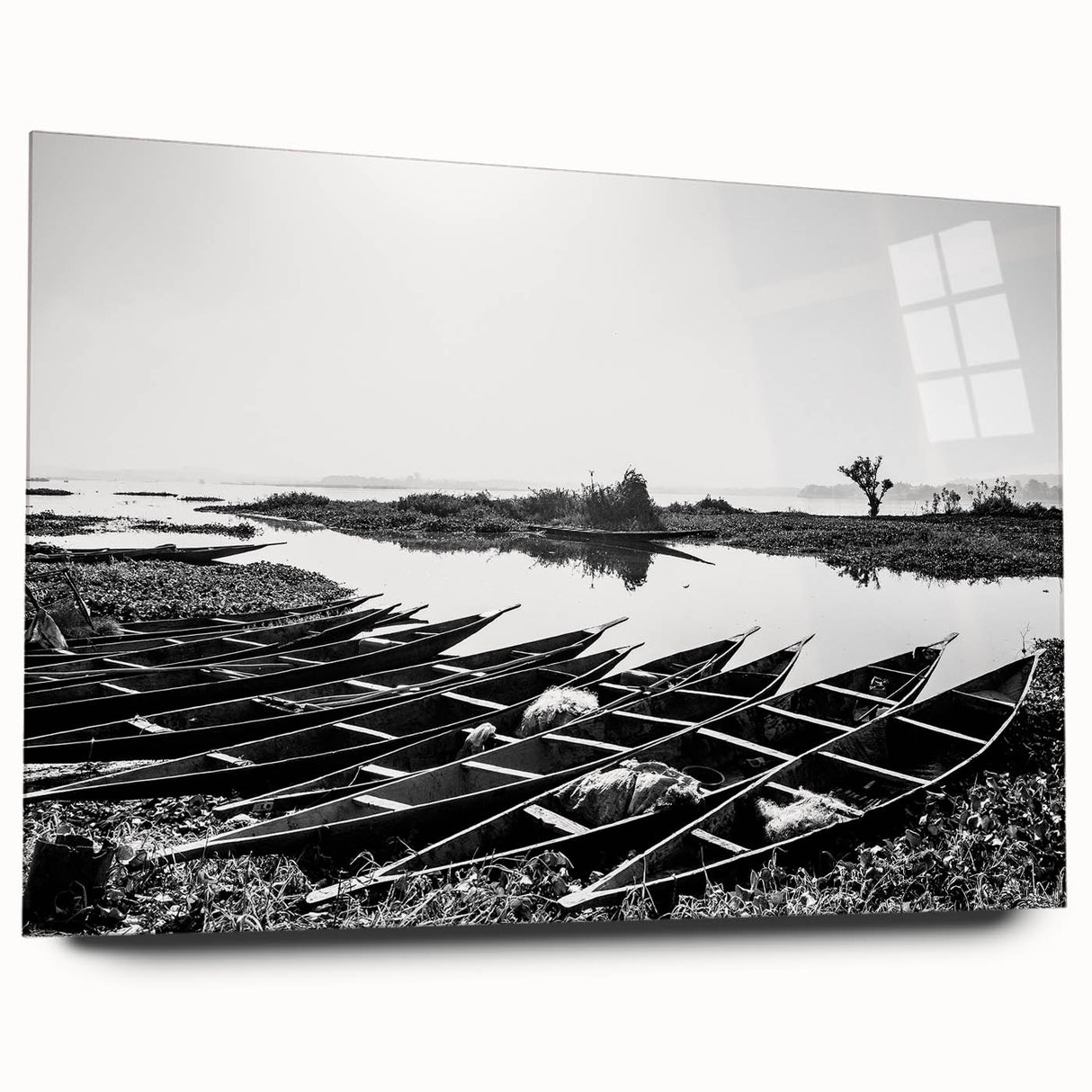 Large abstract wall art depicting a Mali scenery in muted earth tones on acrylic glass.
