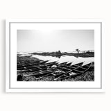 Extra large abstract art print featuring textured scenery of Mali in muted earth tones, framed in white.