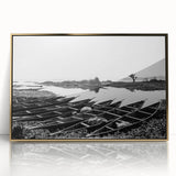 Mid-century modernist art depicting a Mali landscape in gold and brown tones on a framed acrylic.
