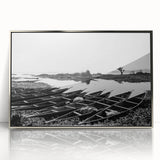Acrylic print of a Mali scenery in muted earth tones, framed in silver, suitable for modern art wall decor.