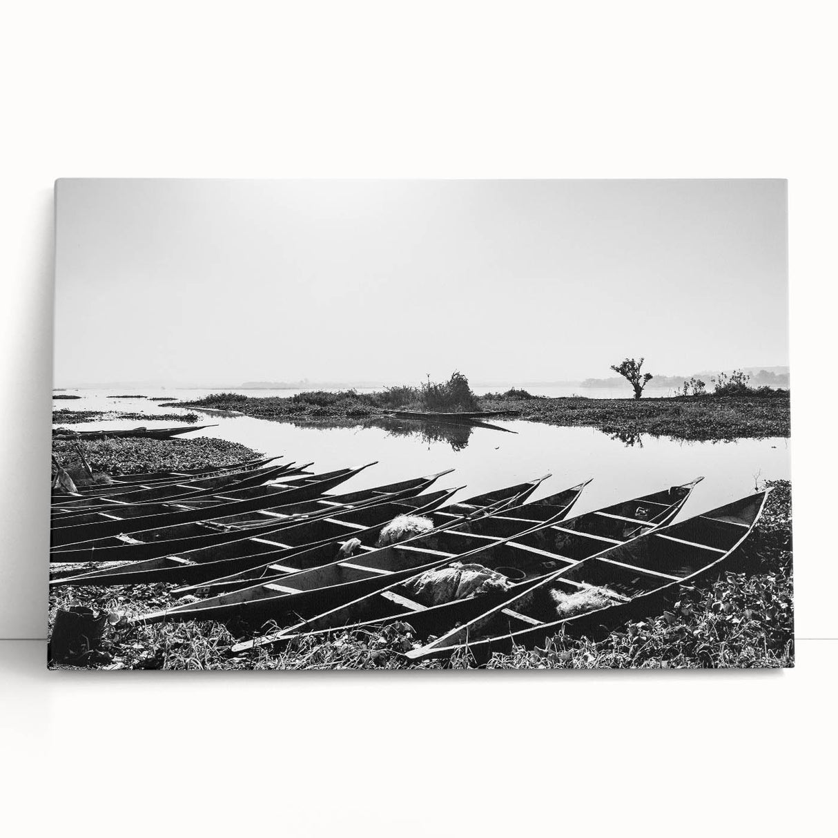 Large black and white stretched canvas of an African Mali scenery, ideal for kitchen wall art or bedroom decor.