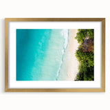 Extra large abstract art print of Seychelles scenery, in gold frame with mat, featuring textured earth tones.