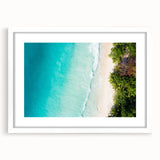 Abstract art print of a serene Seychelles landscape in muted blue and green tones, framed with a white mat.