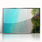 Mid-century modernist art depicting Seychelles scenery in muted blue and green tones on a silver-framed acrylic.