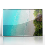 Acrylic print of a Seychelles landscape with vibrant blue and green hues, framed in white.