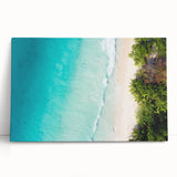Black and white photo of Seychelles scenery on large stretched canvas, ideal for kitchen wall art.