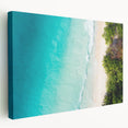Large stretched canvas featuring a serene Seychelles beach scene in soft blue and green tones, suitable for kitchen wall art.