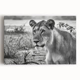 Large black and white wall art on stretched canvas featuring an African savannah scene, ideal for kitchen art.