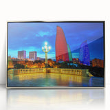 Mid-century modernist art depicting a serene Azerbaijan landscape in muted earth tones, framed acrylic.