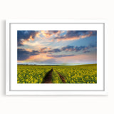 Abstract art print featuring a blend of vibrant blues and greens on a white framed canvas, ideal for dining room decor.