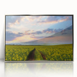 Mid-century modernist art depicting a serene Bangladesh landscape in soft pastel hues, framed in silver acrylic.