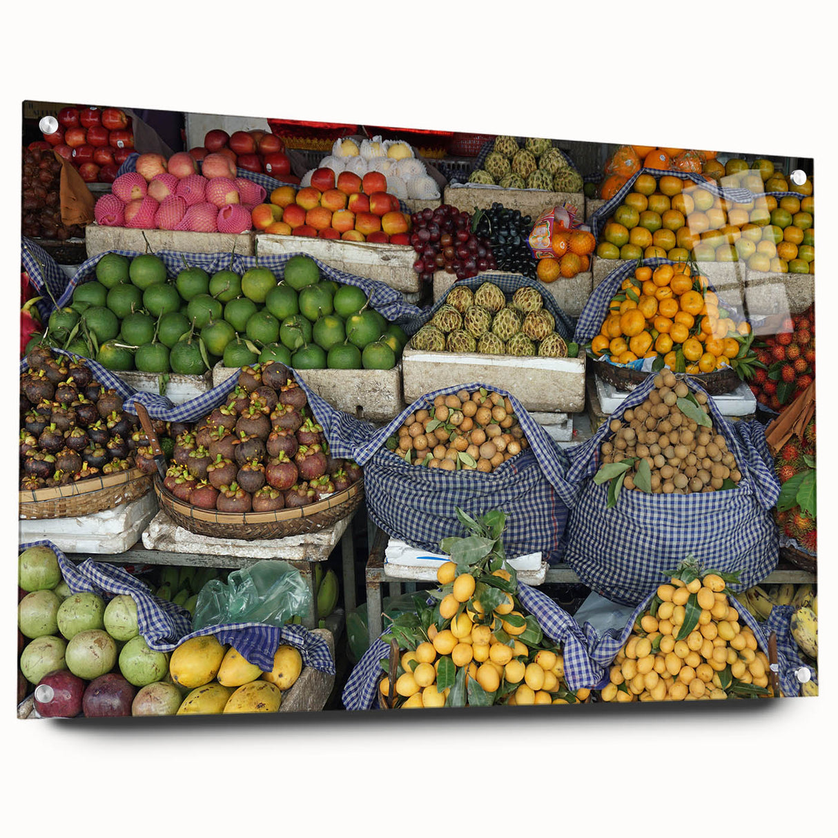 Acrylic print of a Cambodian landscape, featuring lush greens and earth tones, ideal for enhancing dining room decor.