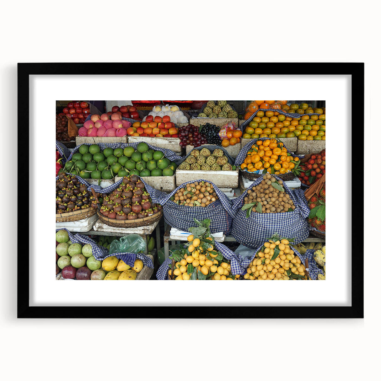 Extra large abstract art print featuring a colorful, textured depiction of Cambodian scenery on a black framed canvas.