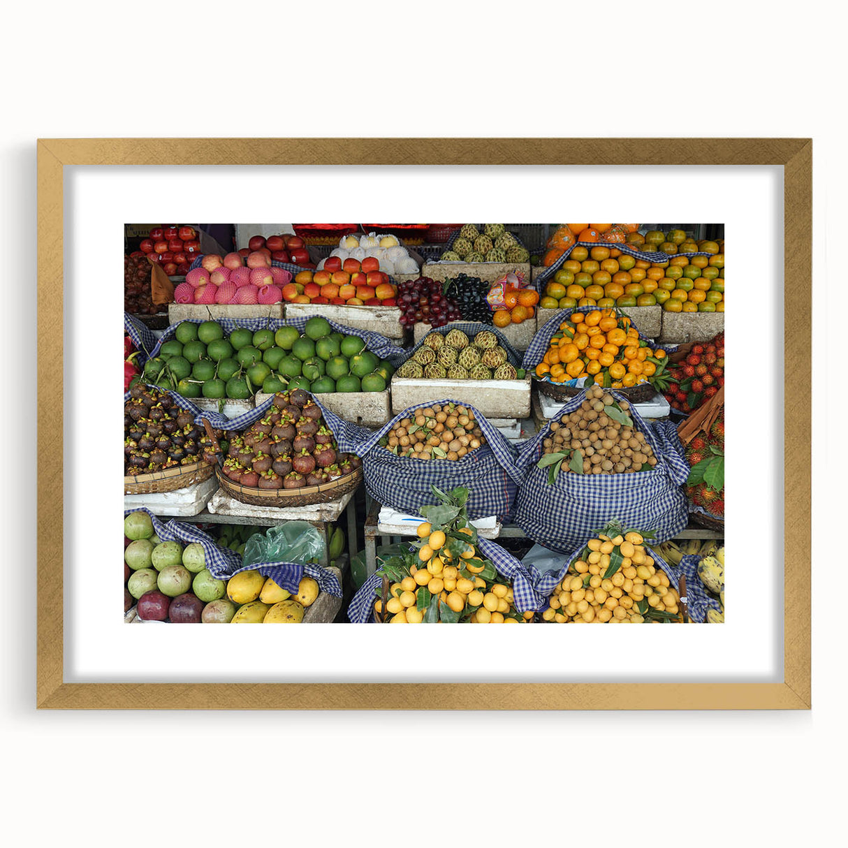 Extra large abstract art print of a Cambodian scenery, featuring textured gold and green tones on a framed canvas.