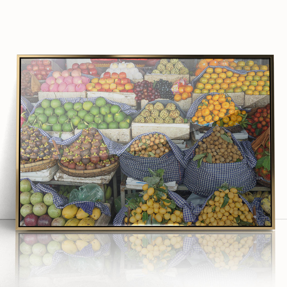 Acrylic print of a Cambodian landscape in gold hues, framed, mid-century modernist style, suited for modern art wall decor.