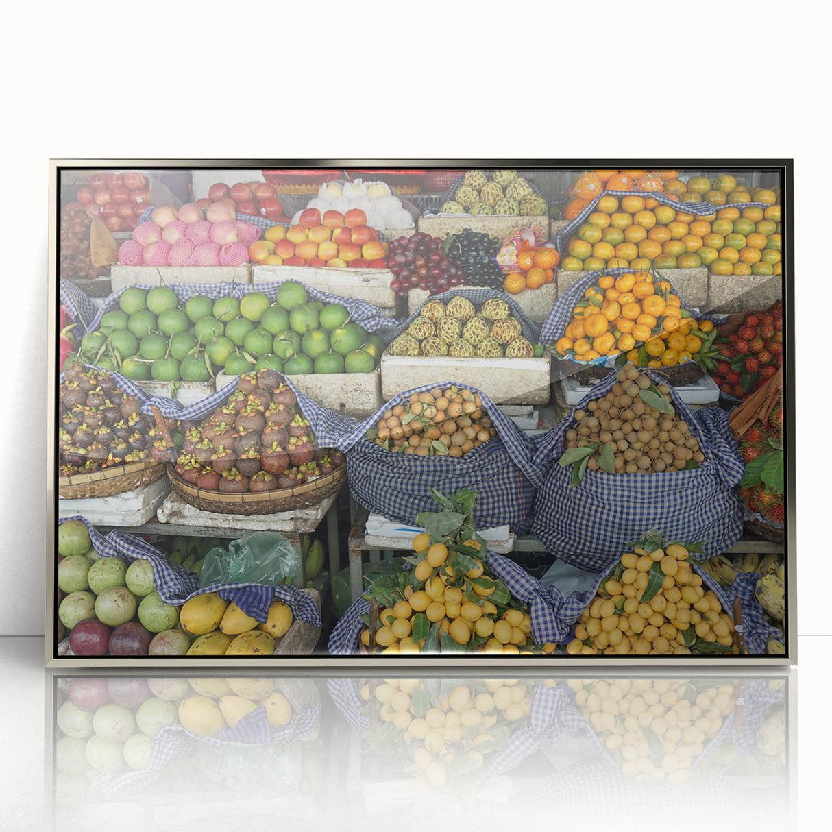 Mid-century modernist art of Cambodian scenery in muted earth tones on a framed acrylic print, suitable for nursery wall art.