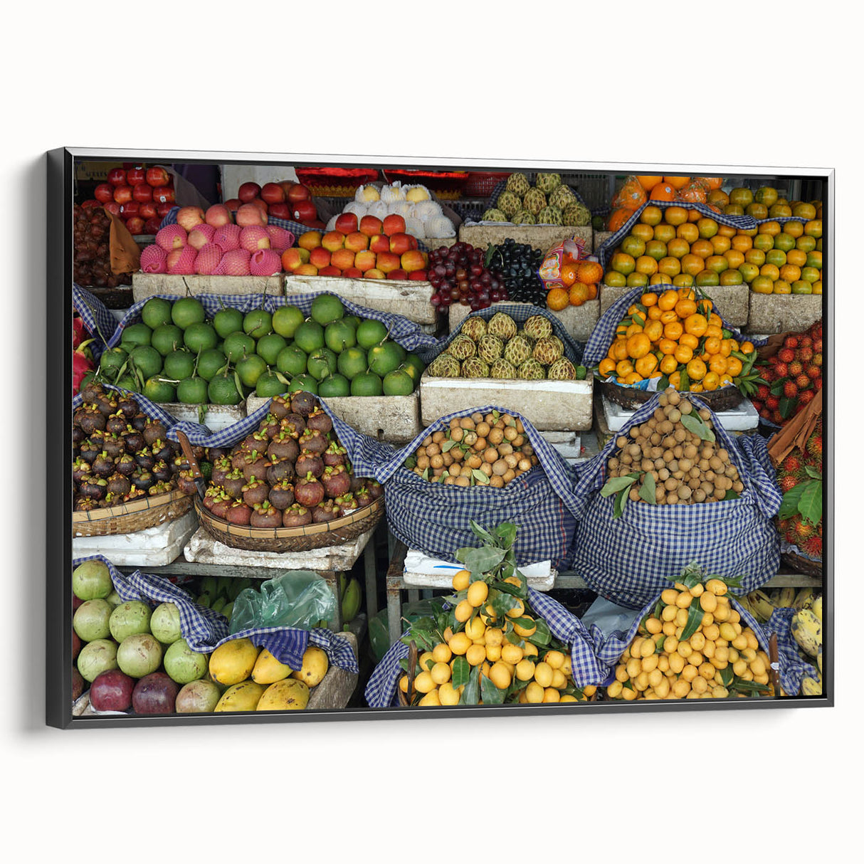 Black and white framed canvas of a Cambodian landscape, ideal for bedroom wall art.