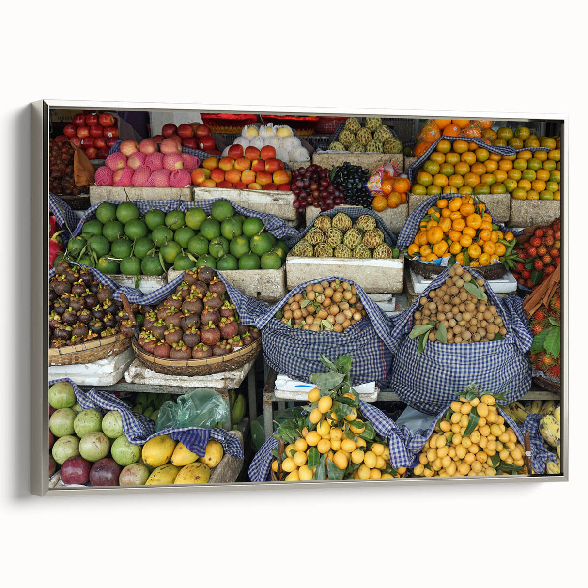 Framed canvas depicting a vintage-style Cambodian landscape in colorful tones.