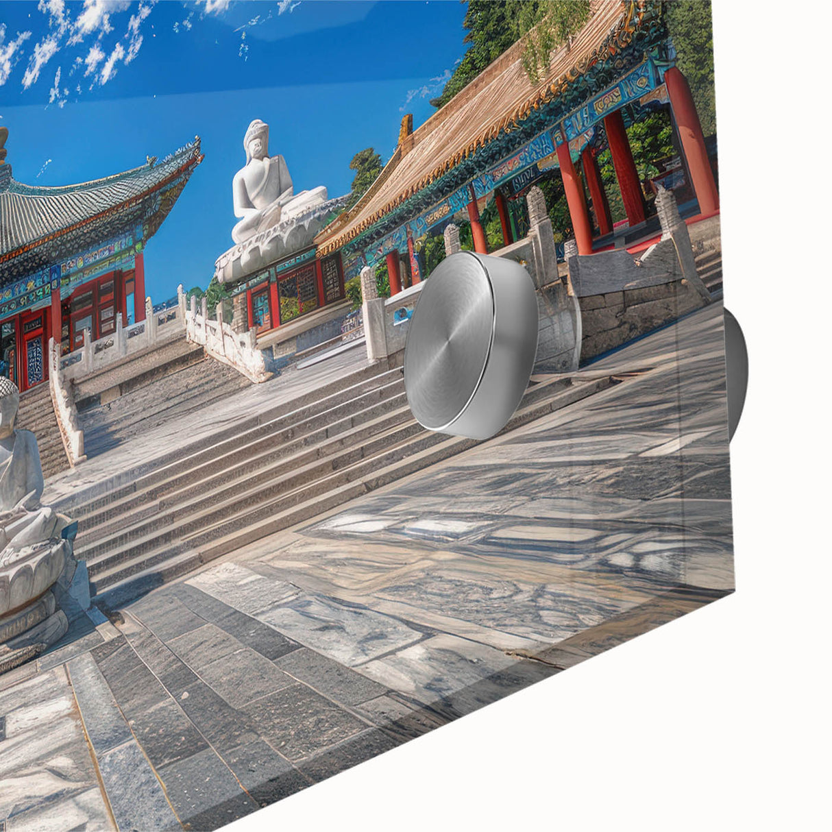 Large abstract wall art depicting Beijing's skyline in muted gray and blue tones on acrylic glass.