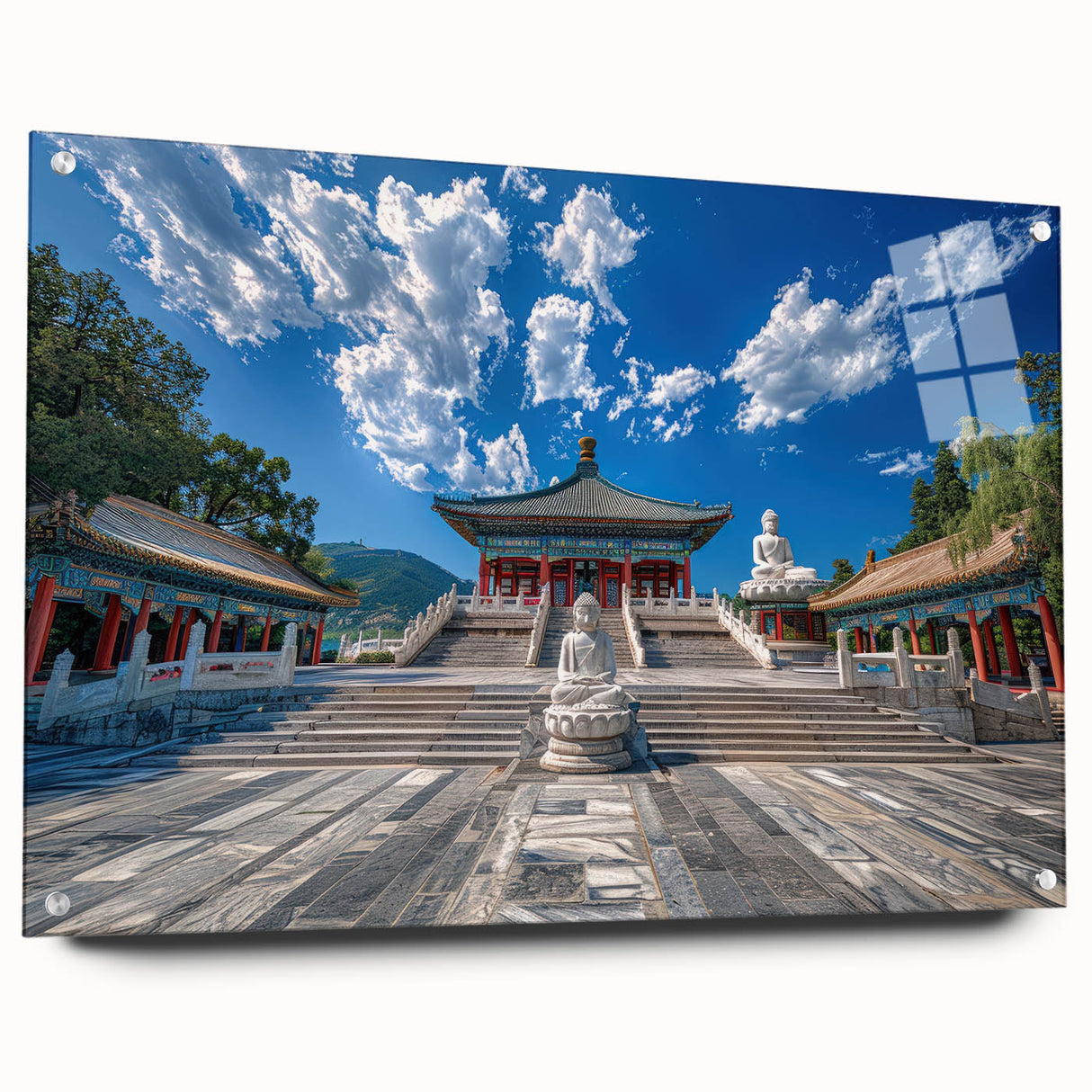 Large abstract wall art depicting a muted beige and taupe Beijing cityscape, acrylic print.