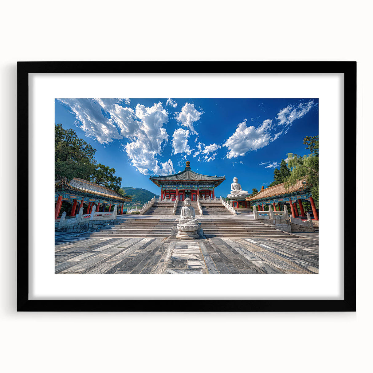 Extra large framed wall art depicting an abstract, textured print of Beijing scenery in vibrant, colorful hues.