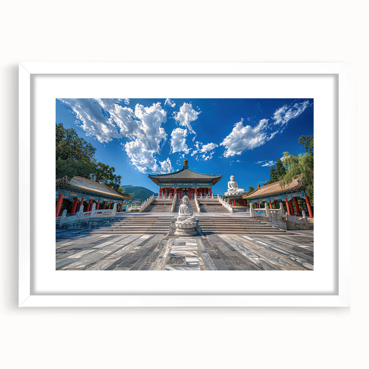 Abstract art print of Beijing scenery in muted earth tones on a white-framed mat, ideal for dining room decor.