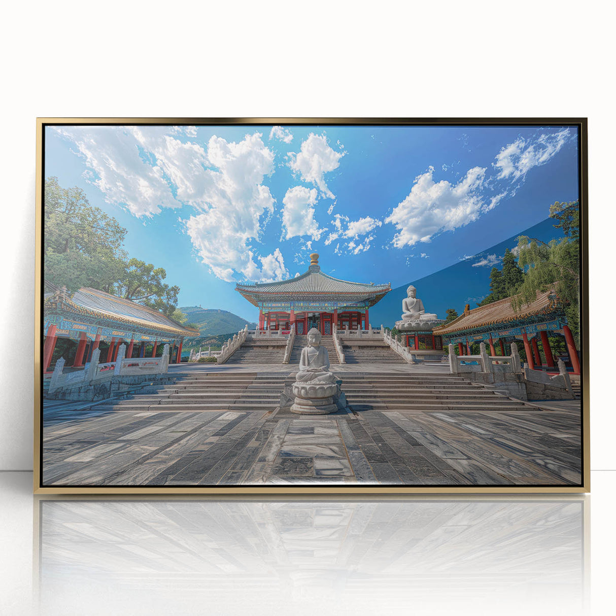 Large art print of Beijing scenery in muted gold tones on framed acrylic, ideal for modern art wall decor.
