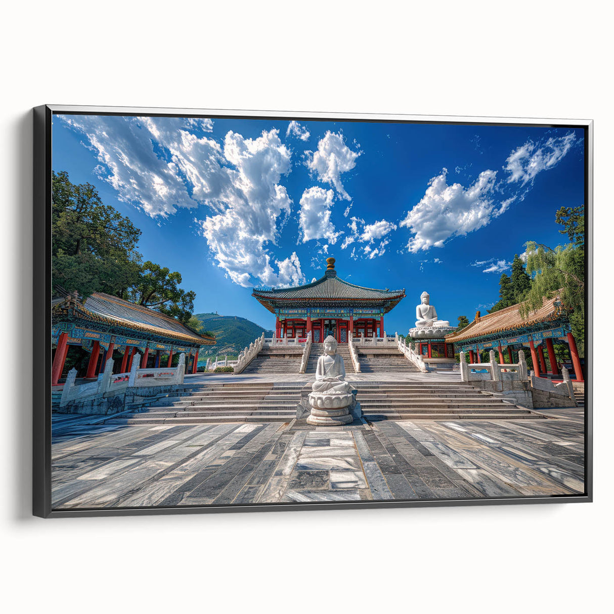 Black and white wall art of Beijing landscape on framed canvas, ideal for bedroom decor.