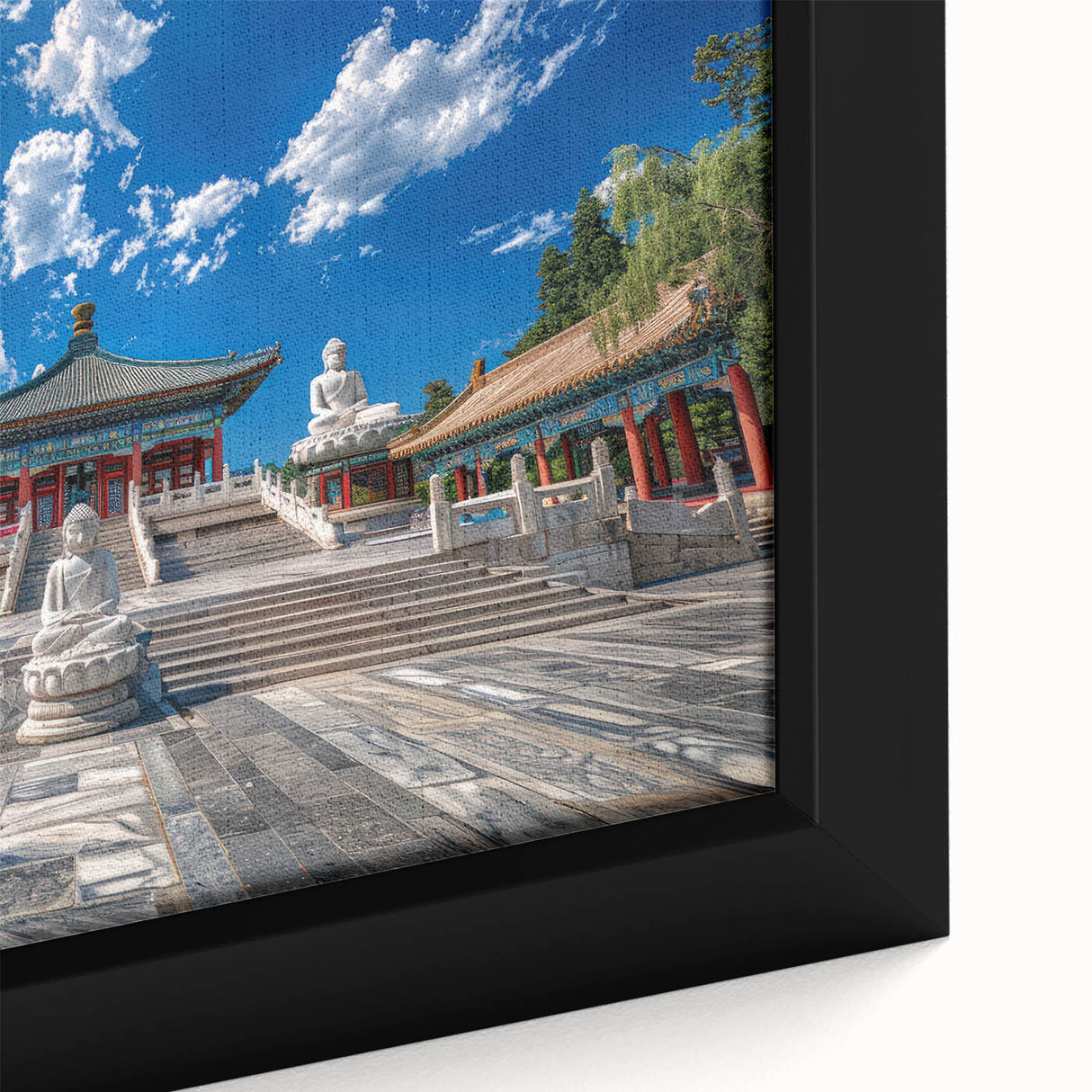 Framed canvas featuring a textured depiction of the Beijing skyline in black with colorful accents.