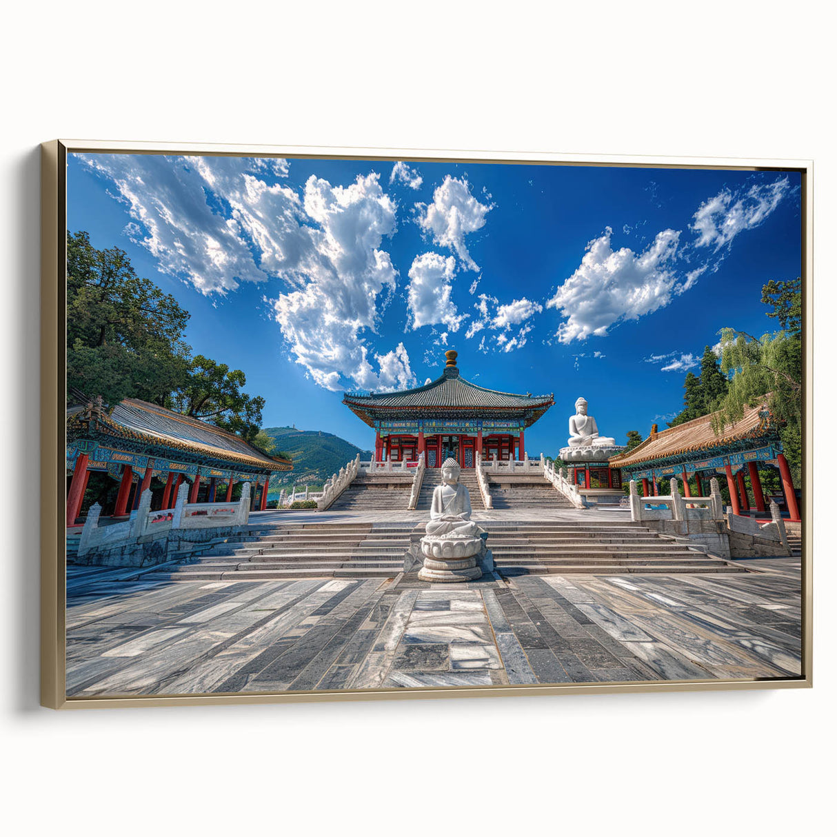 Framed canvas of a vintage-style Beijing landscape in muted gold and black, ideal for bedroom wall art.