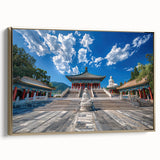 Framed canvas of a vintage-style Beijing landscape in muted gold and black, ideal for bedroom wall art.