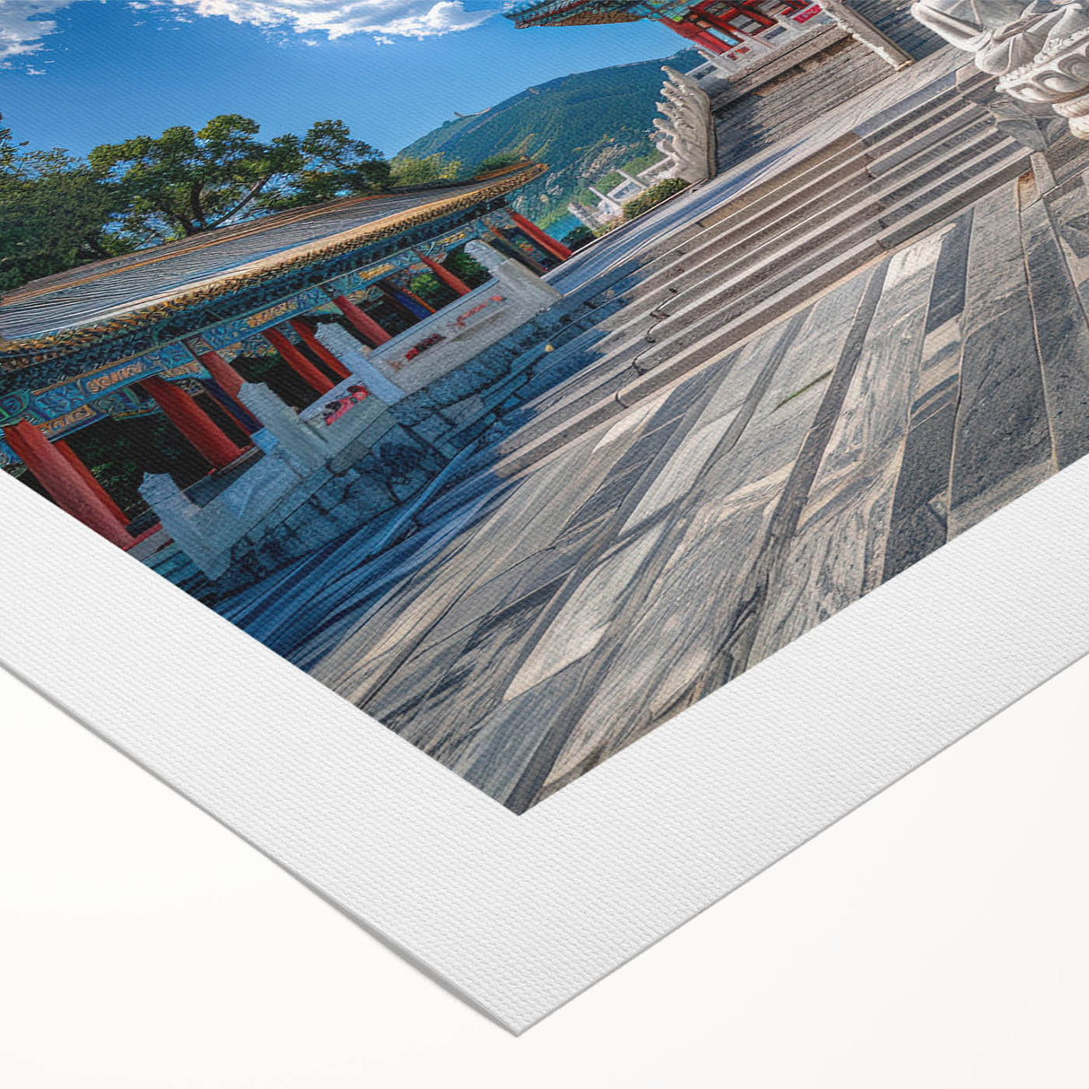 Art deco poster of Beijing skyline in muted gray and blue tones on rolled canvas, suitable for dining room wall art.