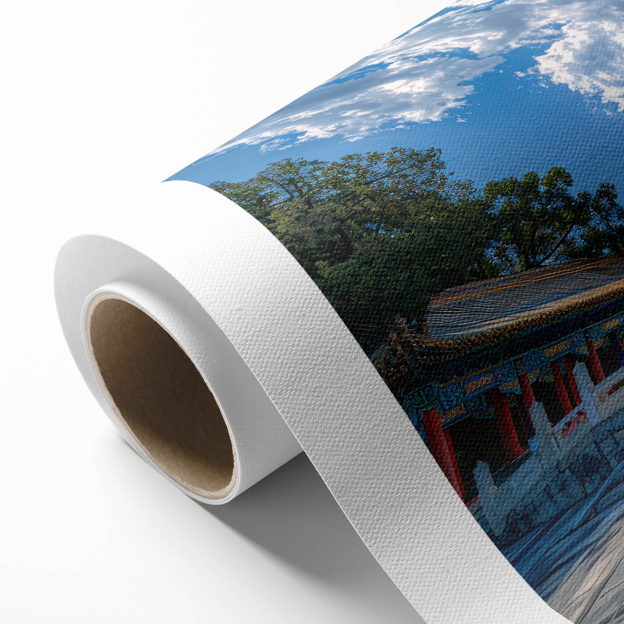 Art deco poster of Beijing scenery in muted pastel shades on rolled canvas, ideal for nursery wall art.