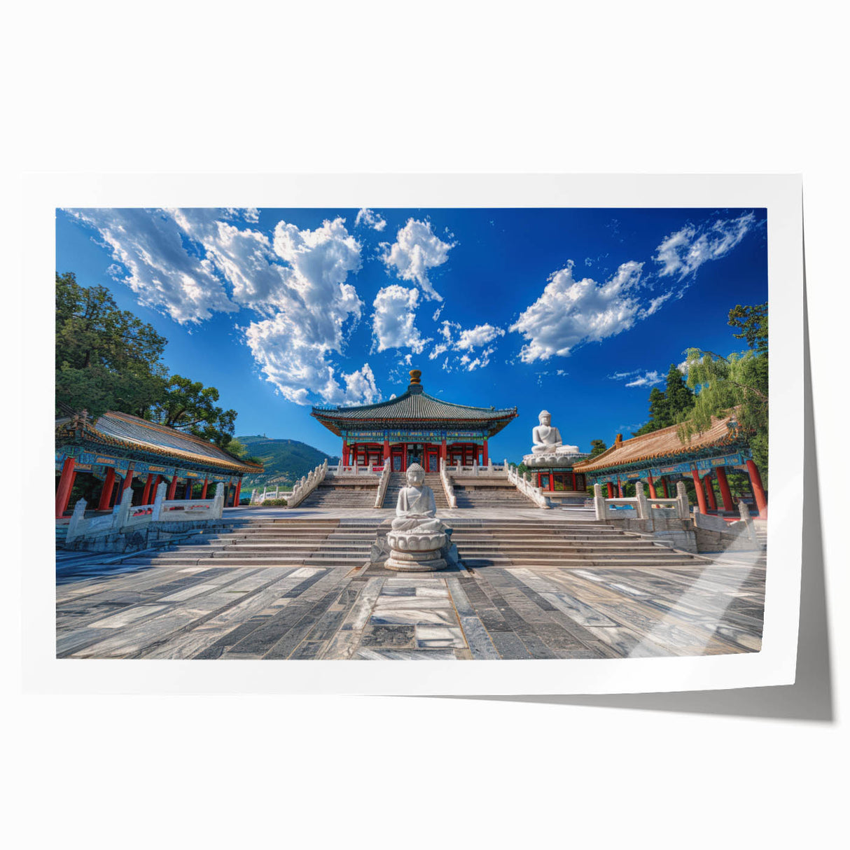 Extra large rolled print of Beijing scenery with floral elements in soft hues, ideal for dining room wall art.