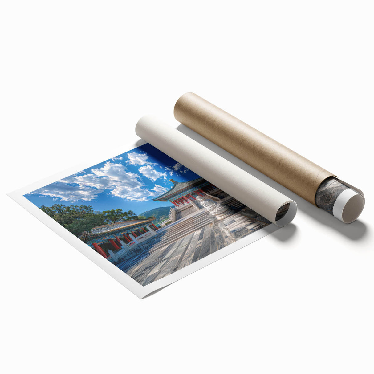Extra large rolled print featuring a serene Beijing scenery with soft floral elements, ideal for classy bathroom wall art.