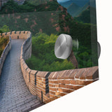 Mid-century modernist art of the Great Wall of China in muted earth tones on acrylic glass, suitable for dining room art.