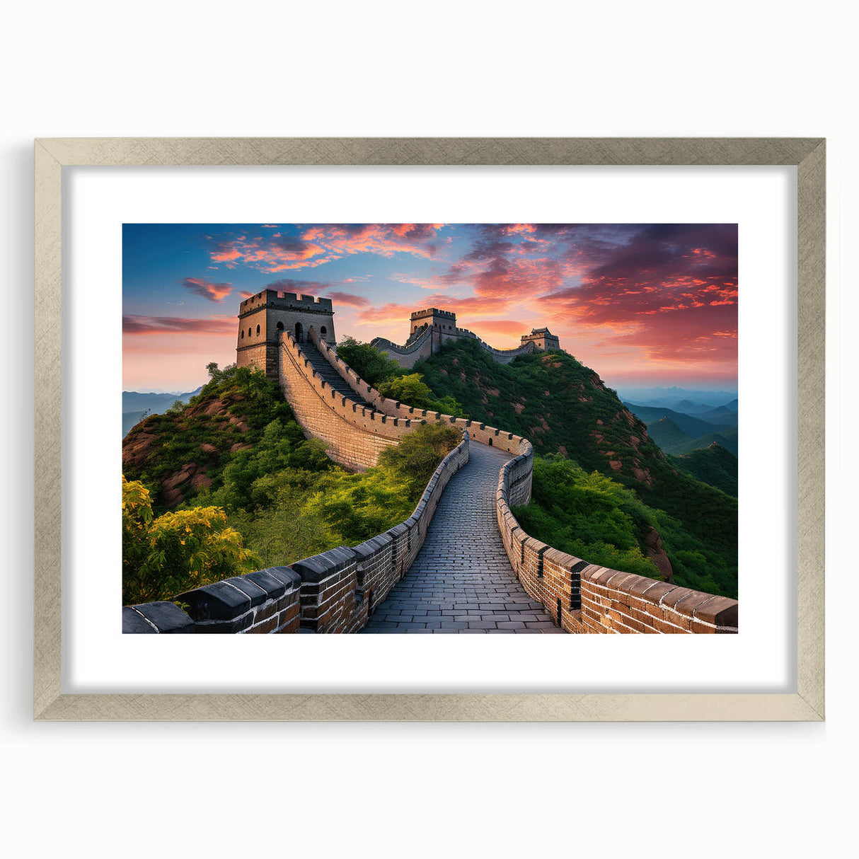 Textured art print depicting the Great Wall of China in muted earth tones, framed in silver, ideal for bedroom art.