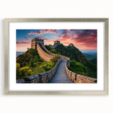 Textured art print depicting the Great Wall of China in muted earth tones, framed in silver, ideal for bedroom art.