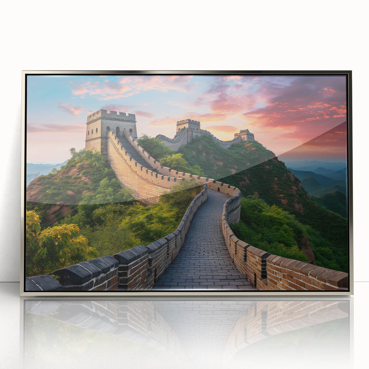 Mid-century modernist art depicting the Great Wall of China in muted earth tones on a framed acrylic print.