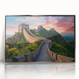 Mid-century modernist art depicting the Great Wall of China in muted earth tones on a framed acrylic print.