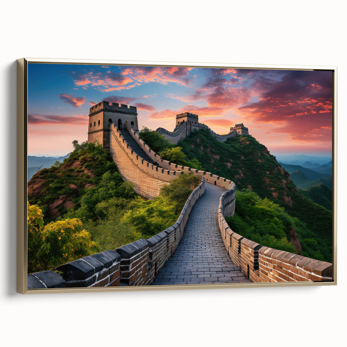 Framed canvas featuring a vintage-style landscape painting of the Great Wall of China in muted gold and black tones.
