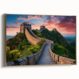 Framed canvas featuring a vintage-style landscape painting of the Great Wall of China in muted gold and black tones.