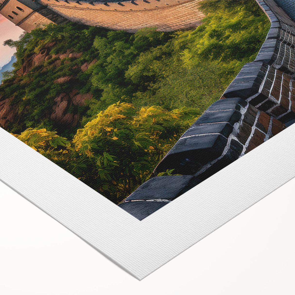 Art deco poster of the Great Wall of China in muted earth tones on rolled canvas, ideal for dining room wall art.