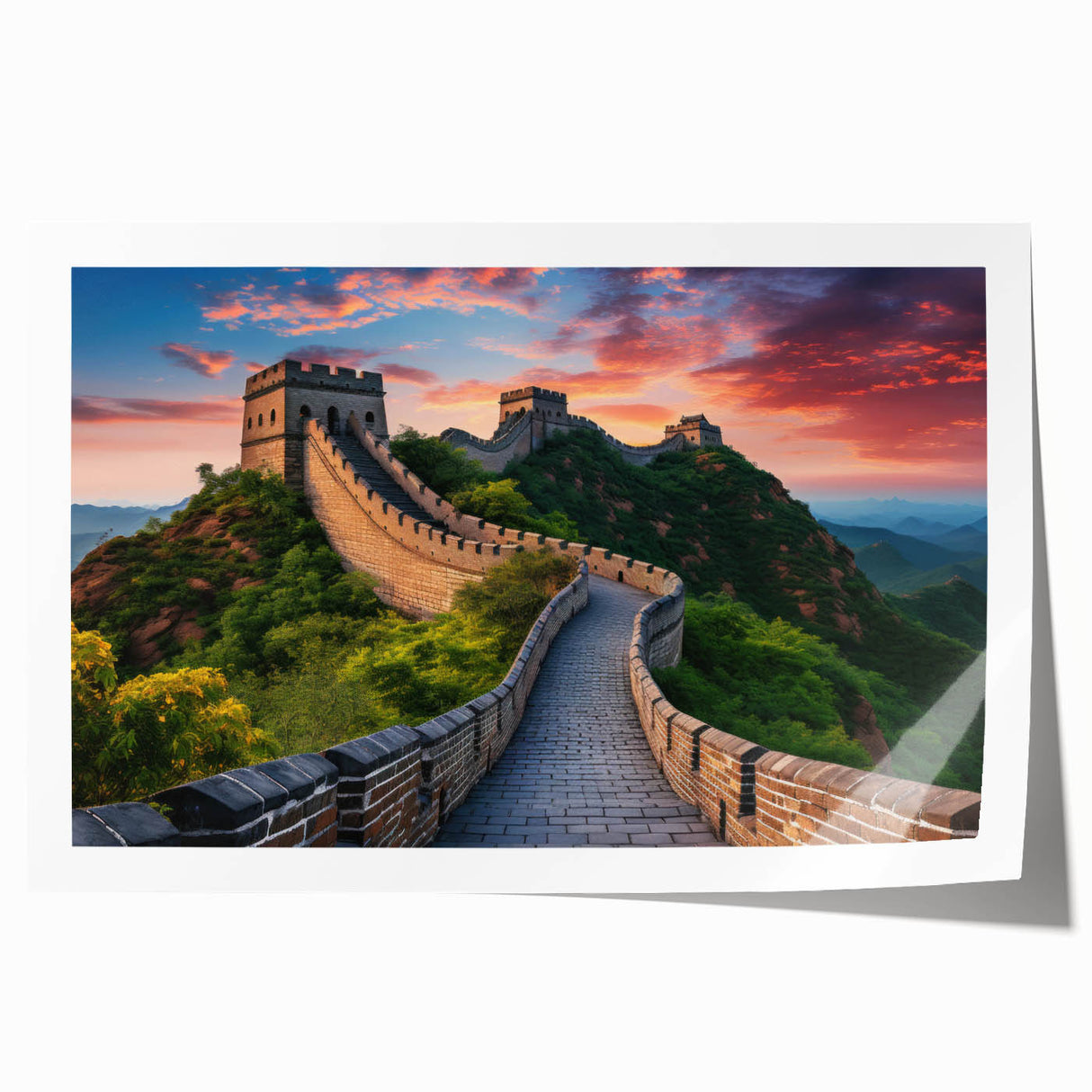 Panoramic view of the Great Wall of China in muted earth tones on a rolled canvas, ideal for art wall dining room.