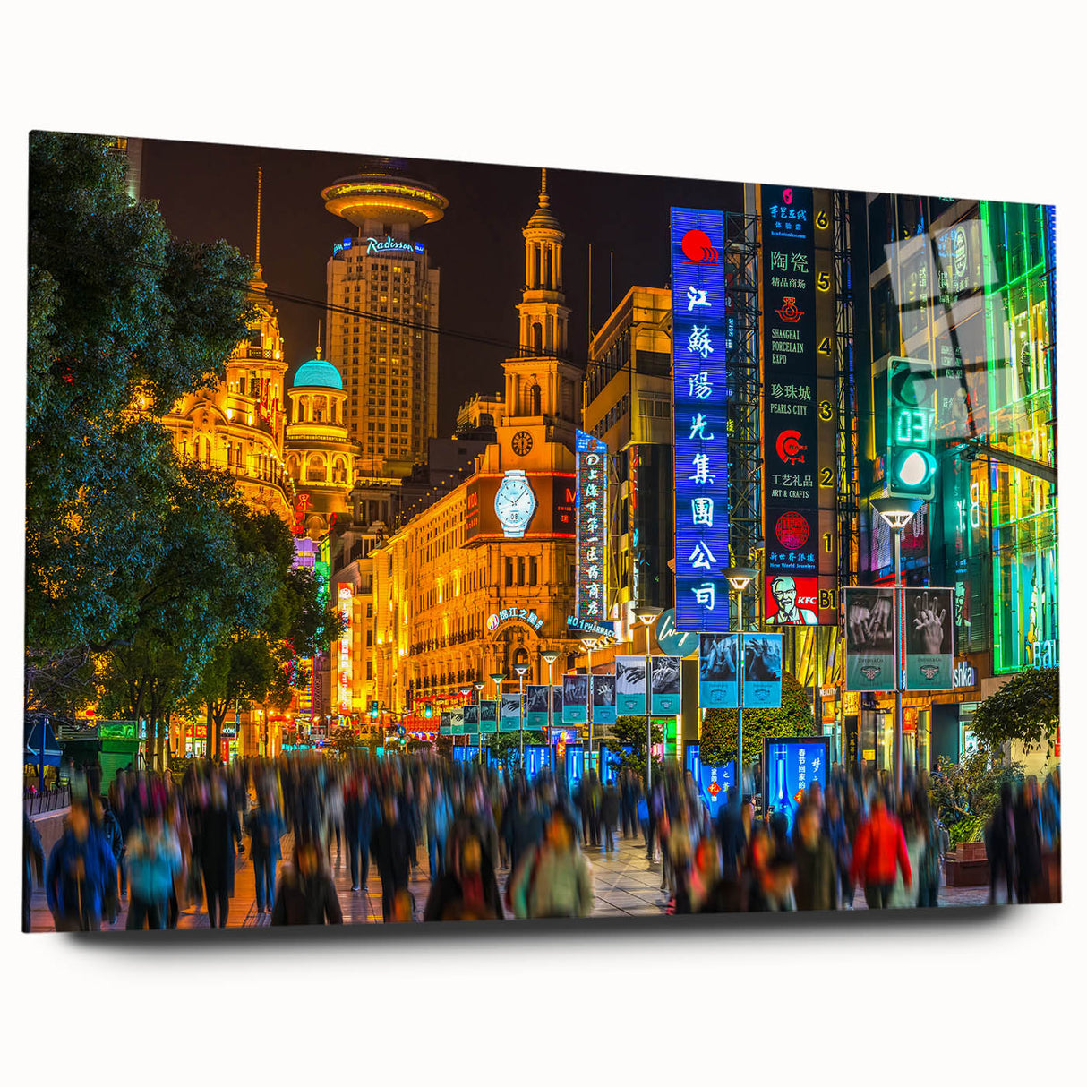 Acrylic print of a large abstract depiction of Shanghai skyline in muted gray and blue tones.