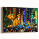 Framed canvas of Shanghai skyline with vintage poster style in black and gold tones, ideal for bedroom wall art.